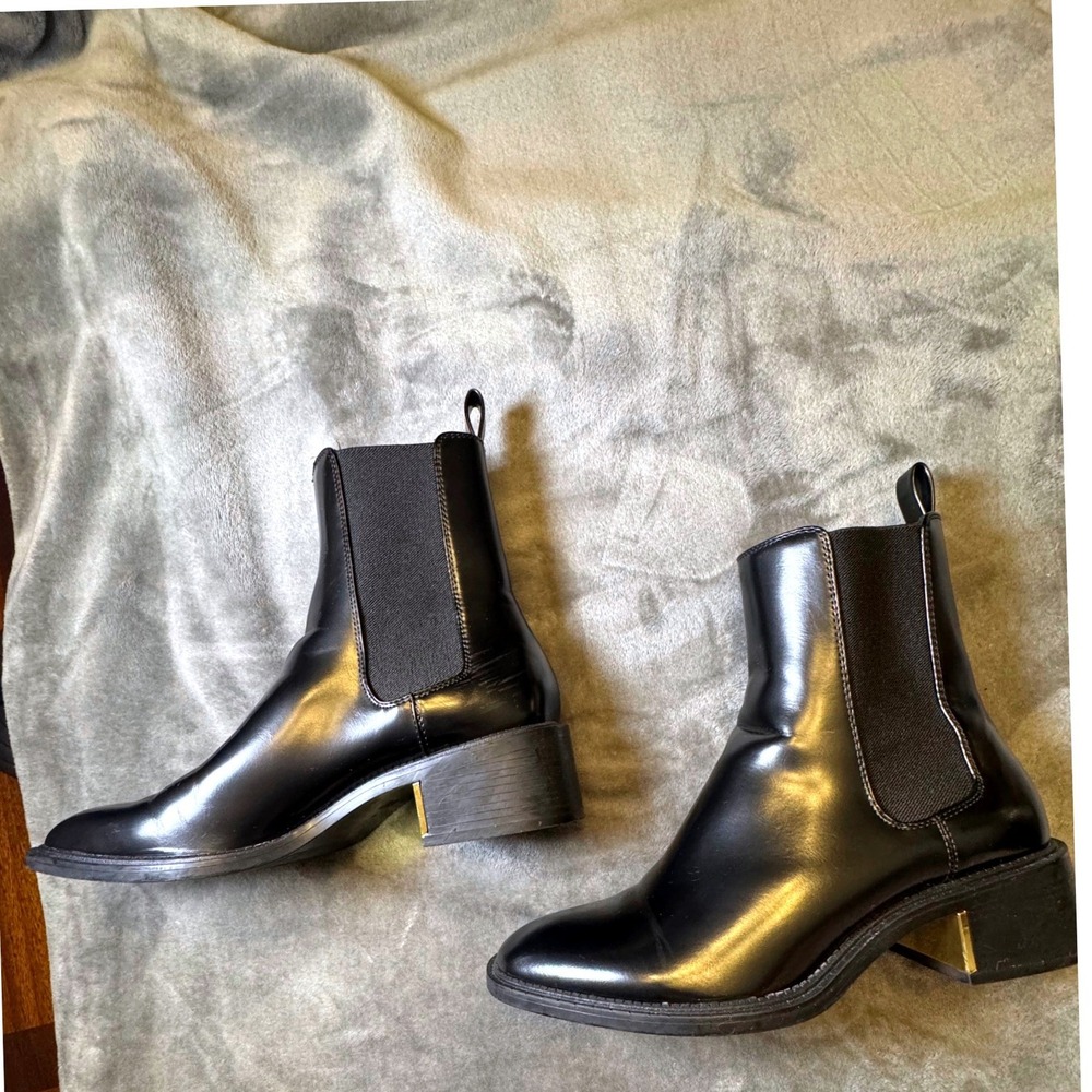 Zara Black Chelsea Ankle Boots Gold Heel Detail Size 38 2150/013/040
